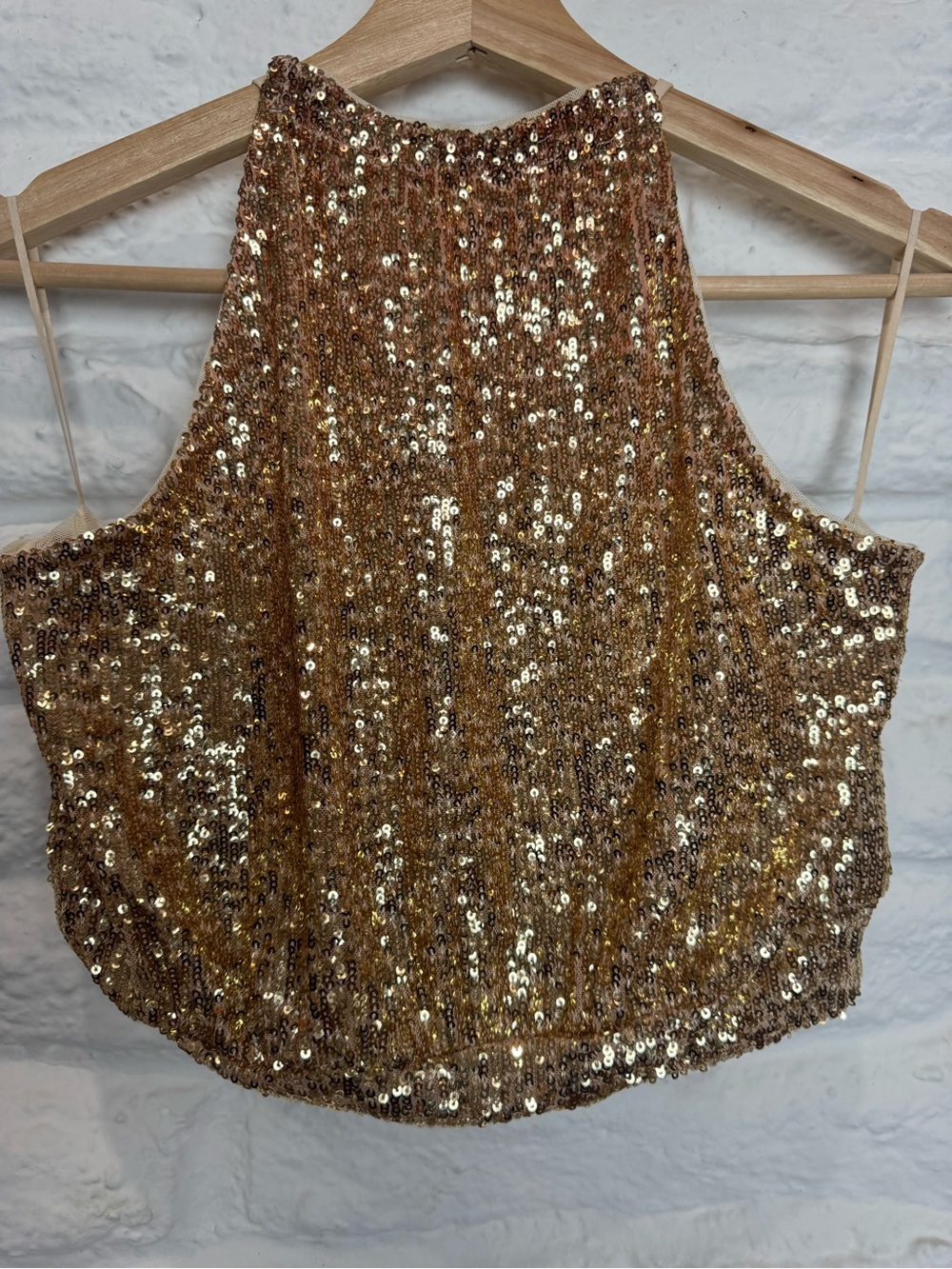 Free People Metallic Gold Sequin Halter Tank